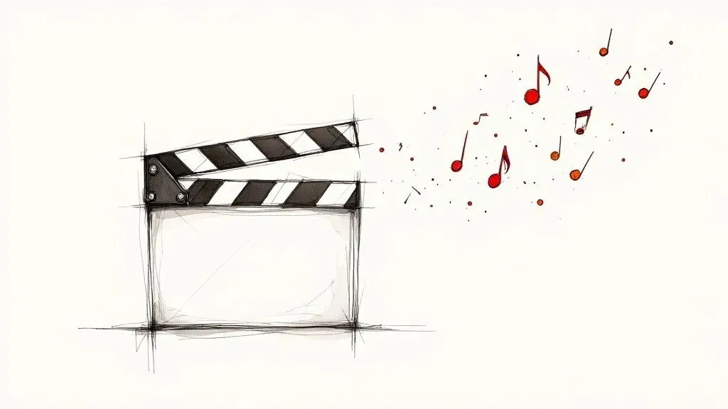 A film clapperboard surrounded by musical notes illustrates licensing songs for film and video.