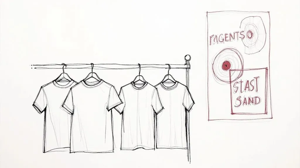 A rack of T-shirts beside a music poster illustrates selling merchandise as a musician’s income stream.