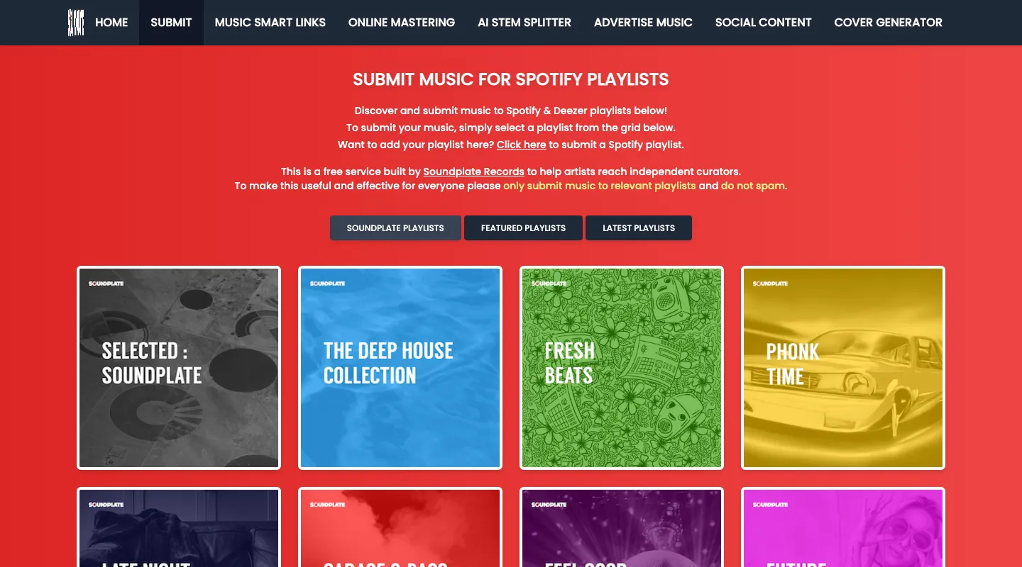 Portail Soundplate pour soumettre des titres à des playlists