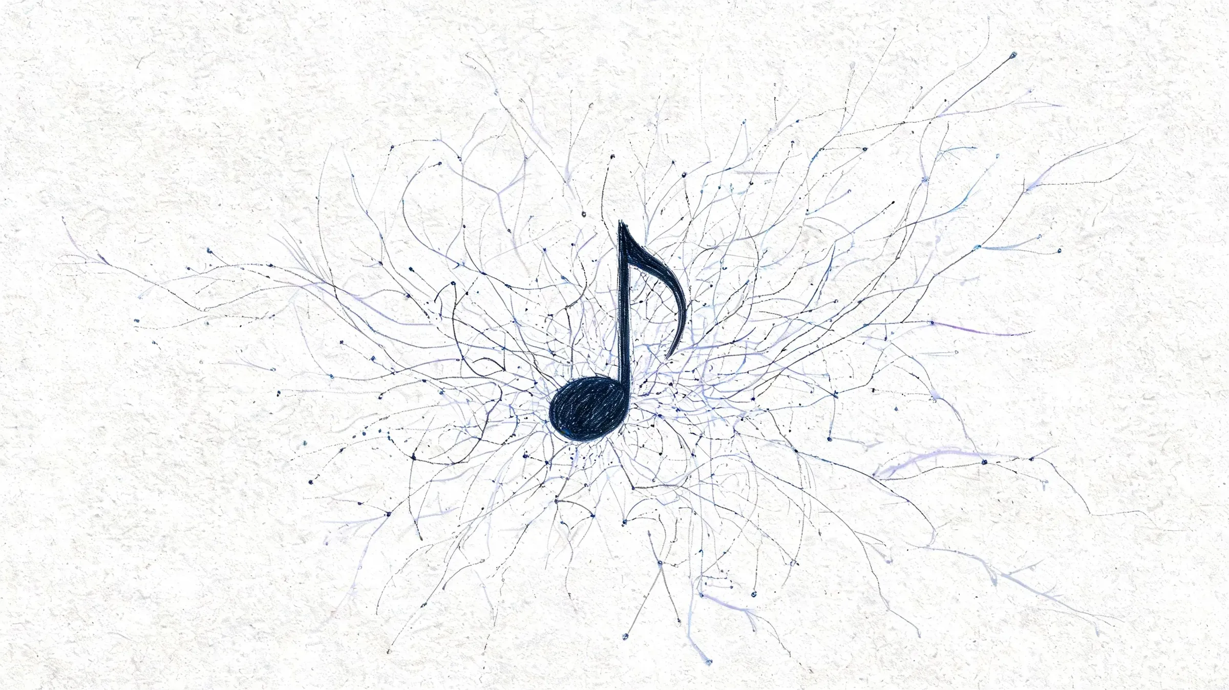 A black musical note symbol surrounded by delicate ink drawn lines resembling branches on textured paper.