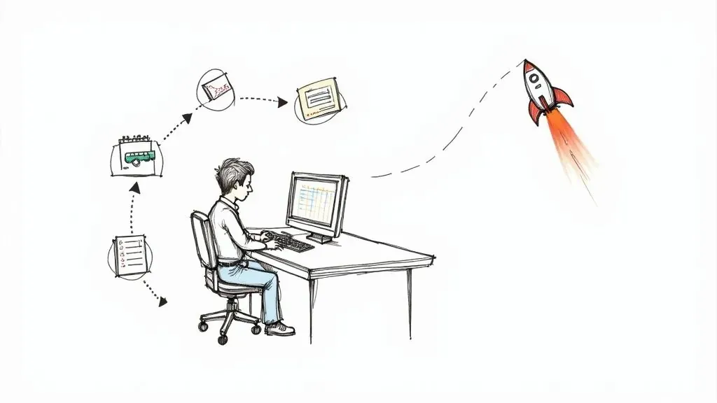 Manager working at a computer with calendar, messages, documents, and a rocket representing career coordination.