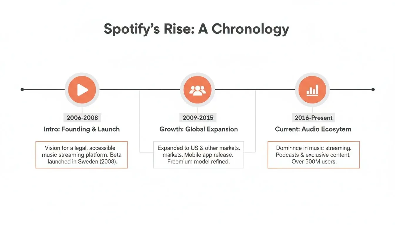 A chronological timeline illustrating Spotify's rise, from its founding to current audio ecosystem dominance.