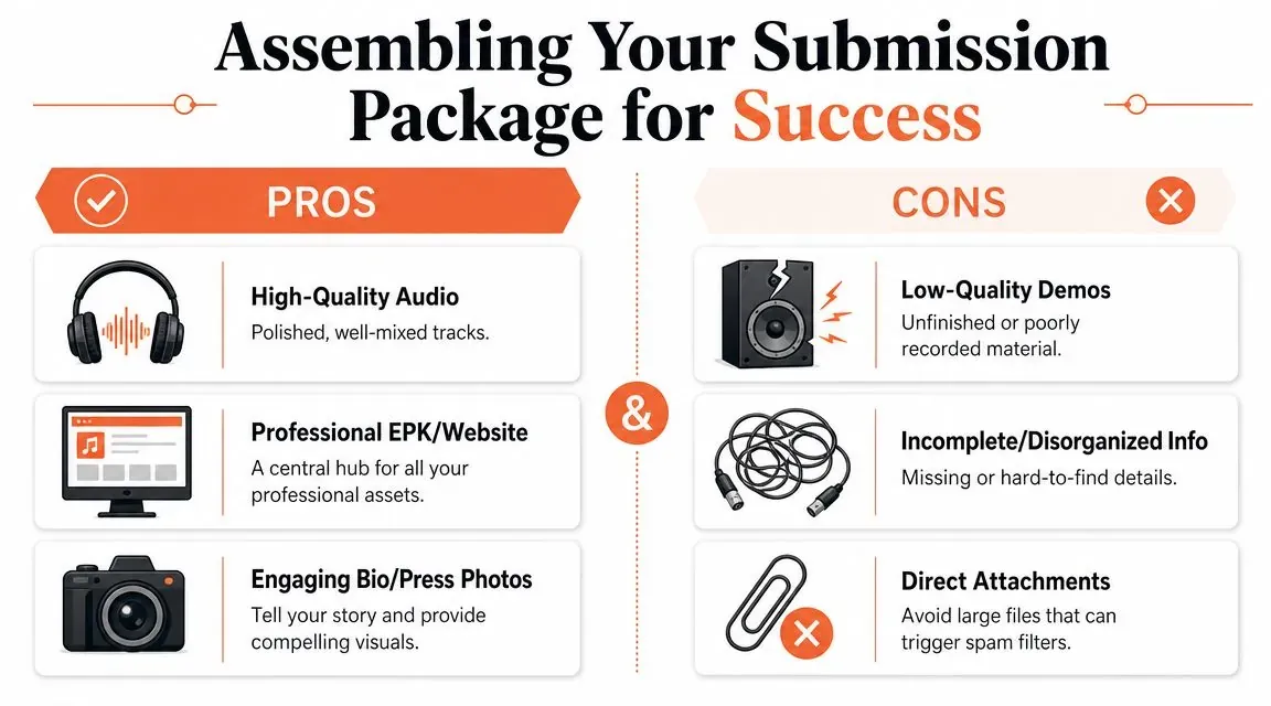 A comparison chart outlining the pros and cons of assembling a professional music submission package for success.
