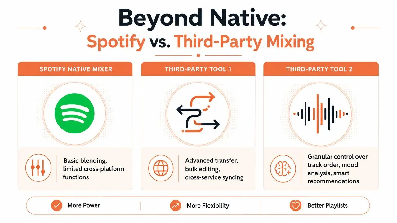 A comparison infographic between Spotify native mixing tools and advanced third-party music management software applications.