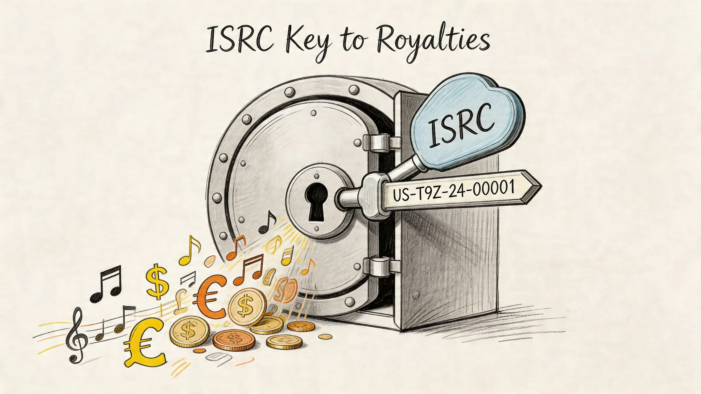 A conceptual drawing of a safe being unlocked by an ISRC code key, releasing music notes and currency symbols.
