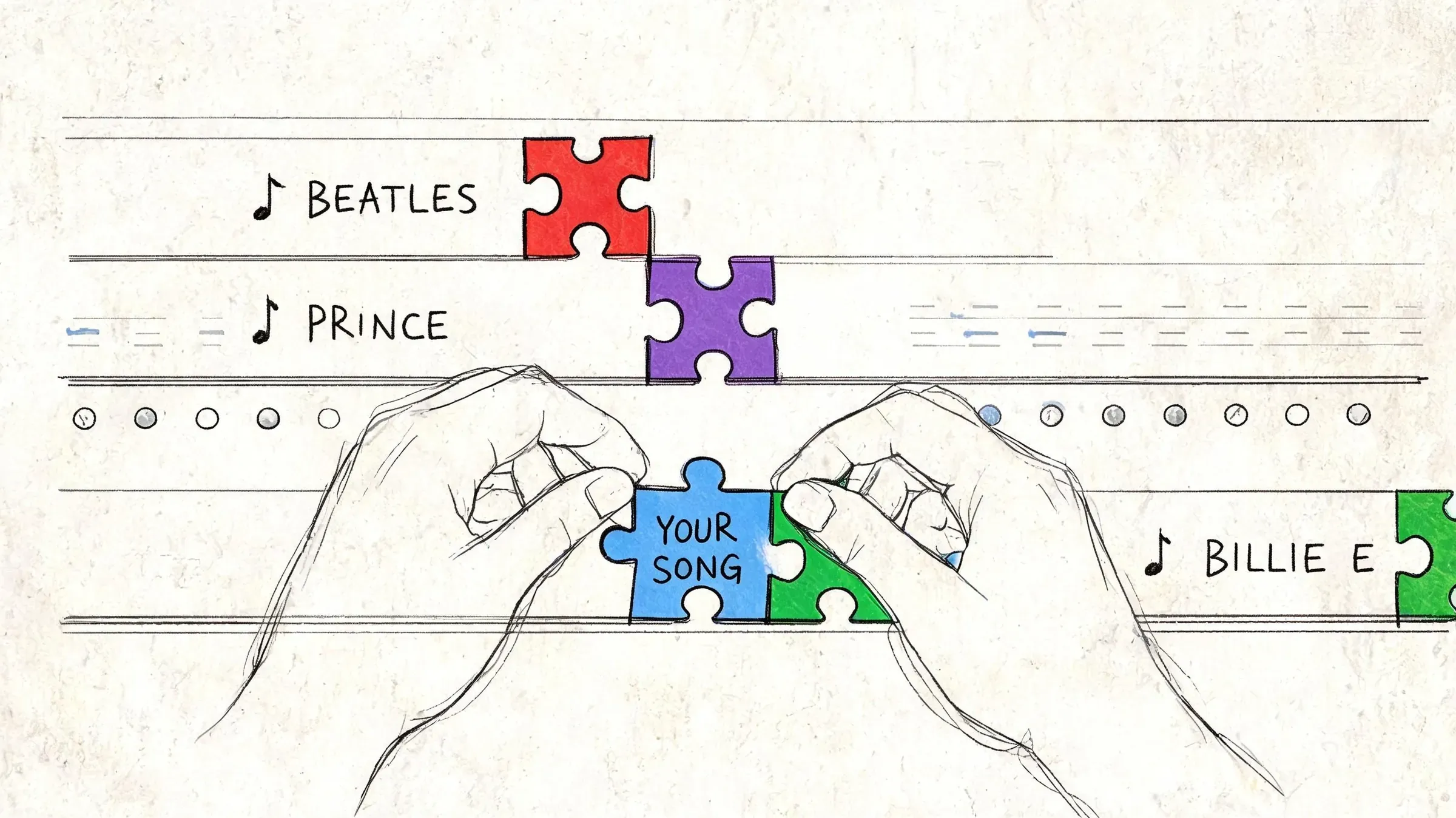 A conceptual illustration showing hands piecing together musical puzzle pieces labeled with artist names like Beatles and Prince.