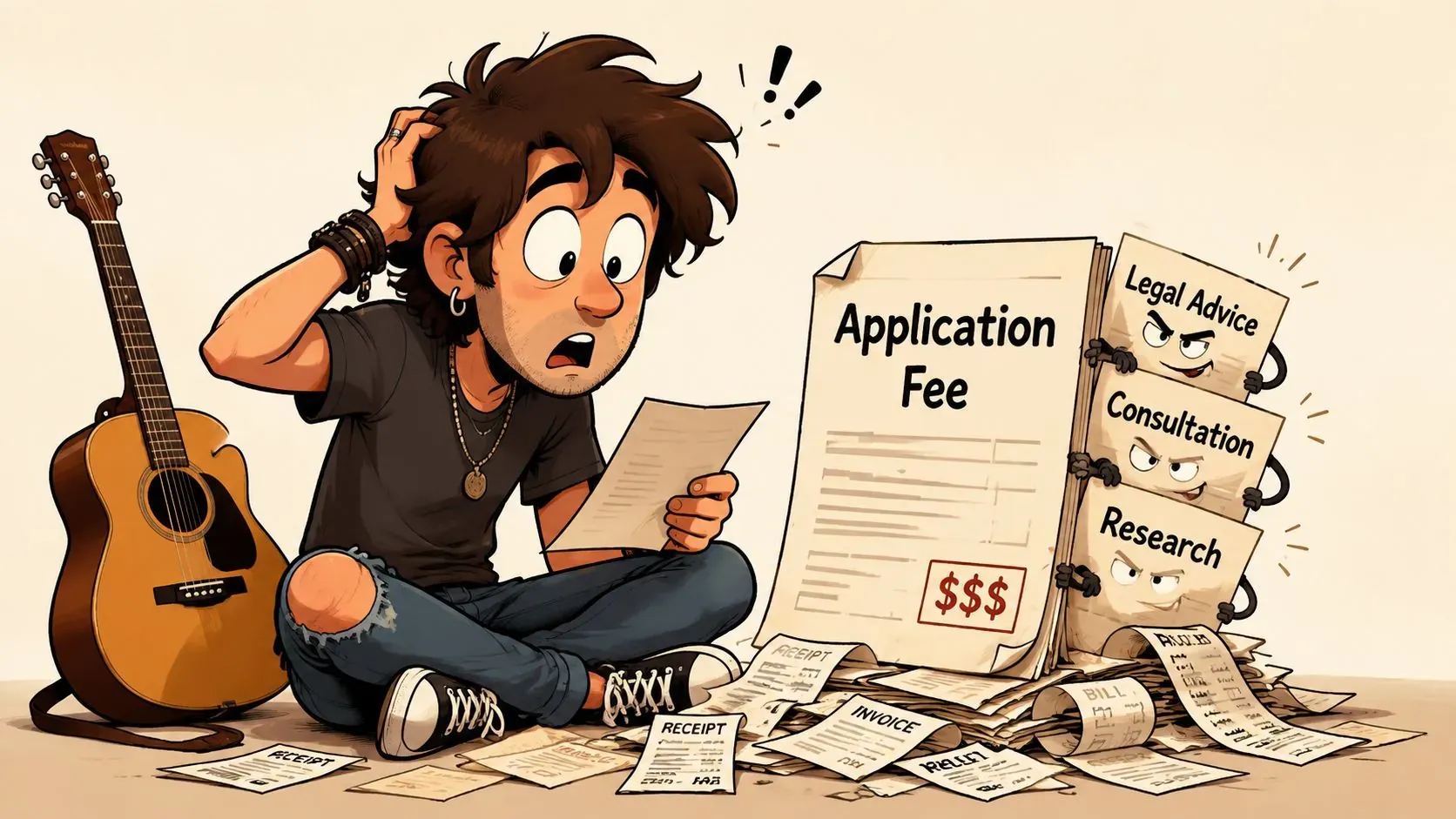 A confused musician looking at an expensive application fee invoice surrounded by various legal bills.