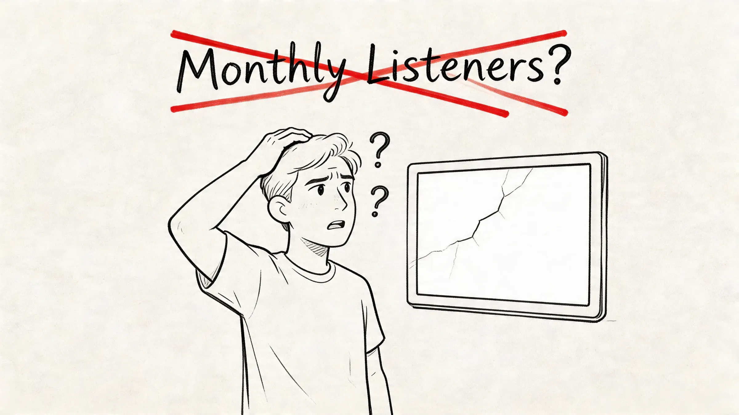 A confused man beside a cracked chart beneath crossed-out Monthly Listeners text illustrates confusion over Apple Music metrics.