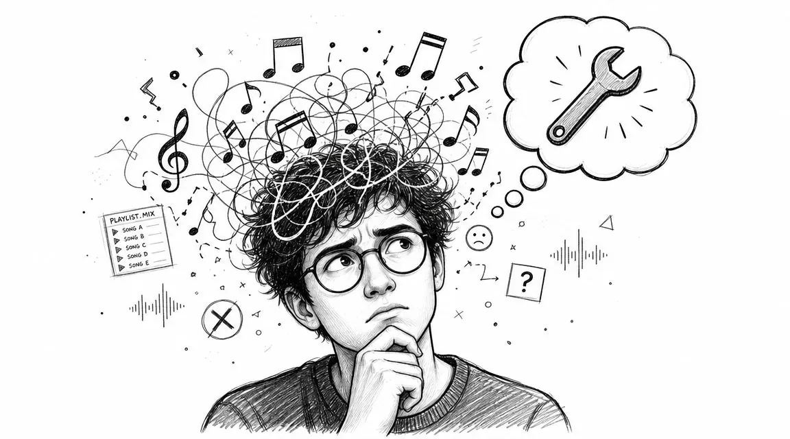 A contemplative young man with glasses surrounded by musical notes and a thought bubble featuring a wrench.