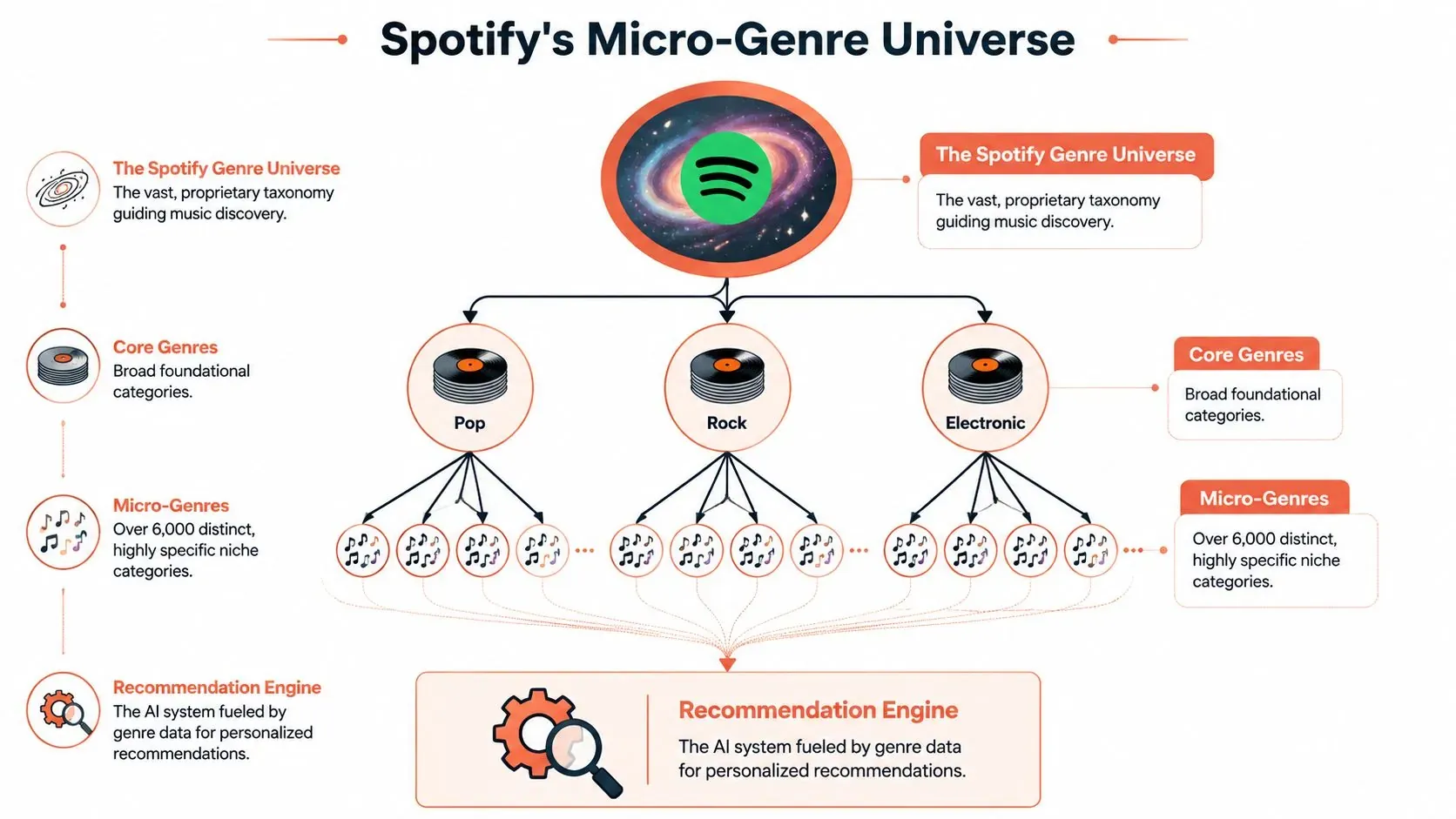 A diagram illustrating how Spotify uses a hierarchical system of core genres and over 6,000 micro-genres for recommendations.