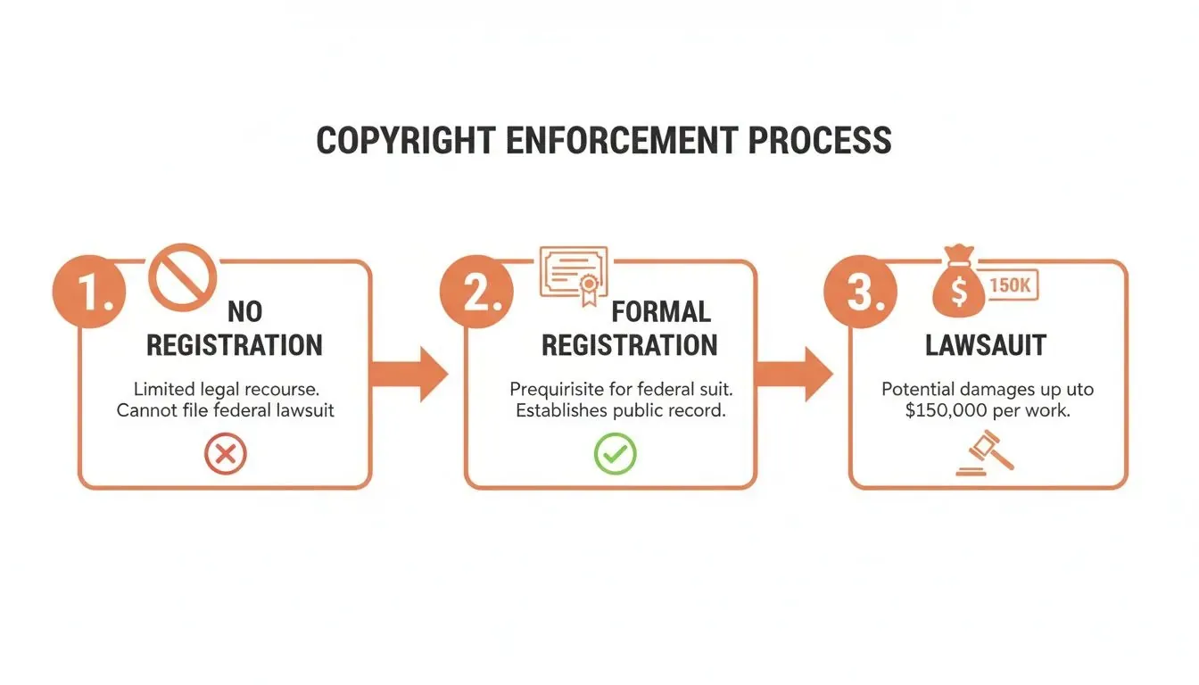 A diagram illustrating the copyright enforcement process steps: no registration, formal registration, and lawsuit.