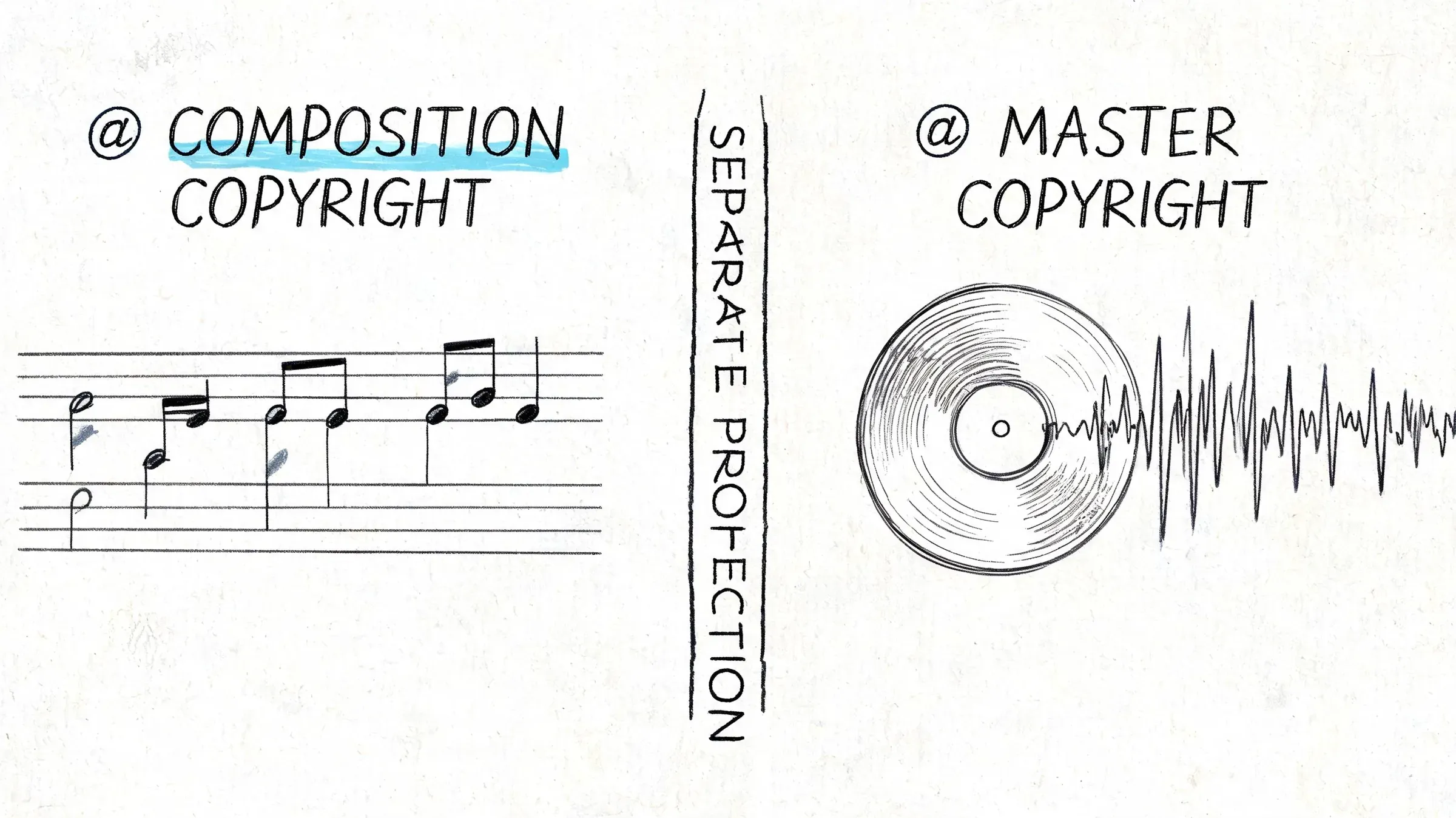 A diagram illustrating the distinction between music composition copyright and master recording copyright for creators.