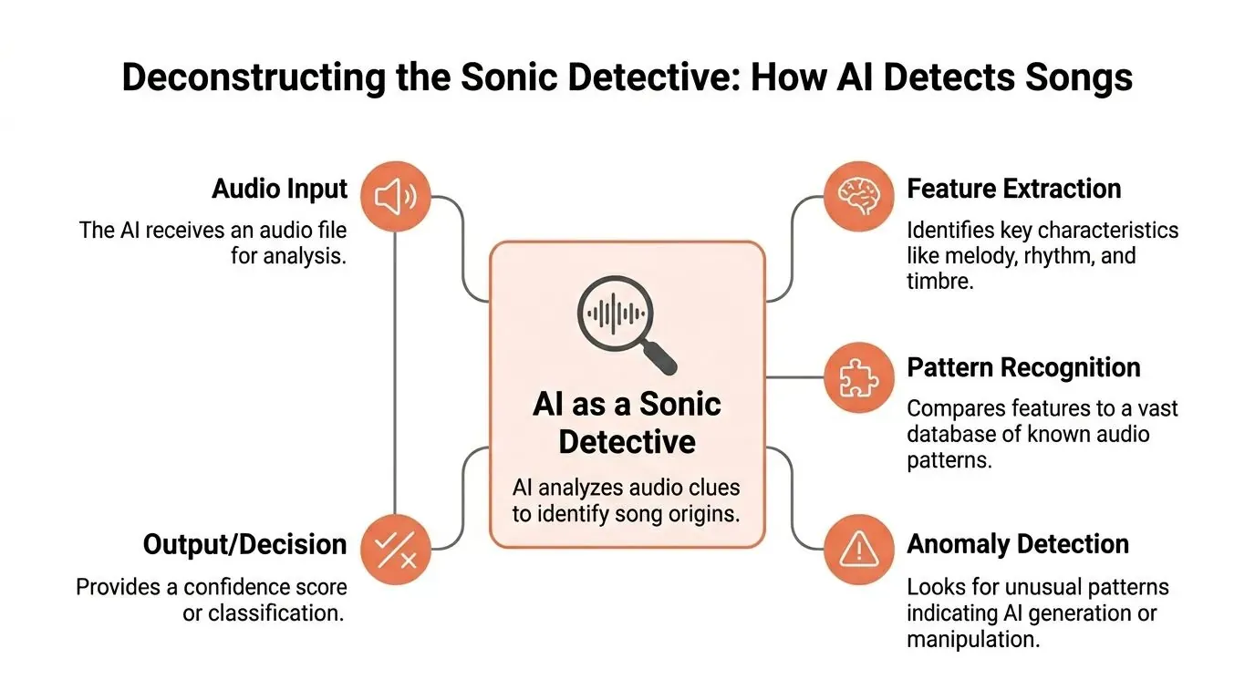 A diagram illustrating the step-by-step process of how AI technology acts as a sonic detective to identify songs.