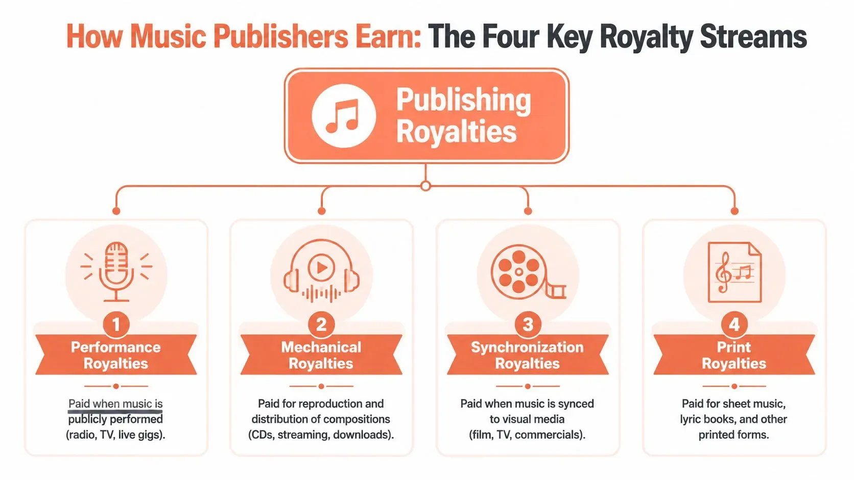 A diagram outlining the four key music publishing royalty streams: Performance, Mechanical, Synchronization, and Print royalties.