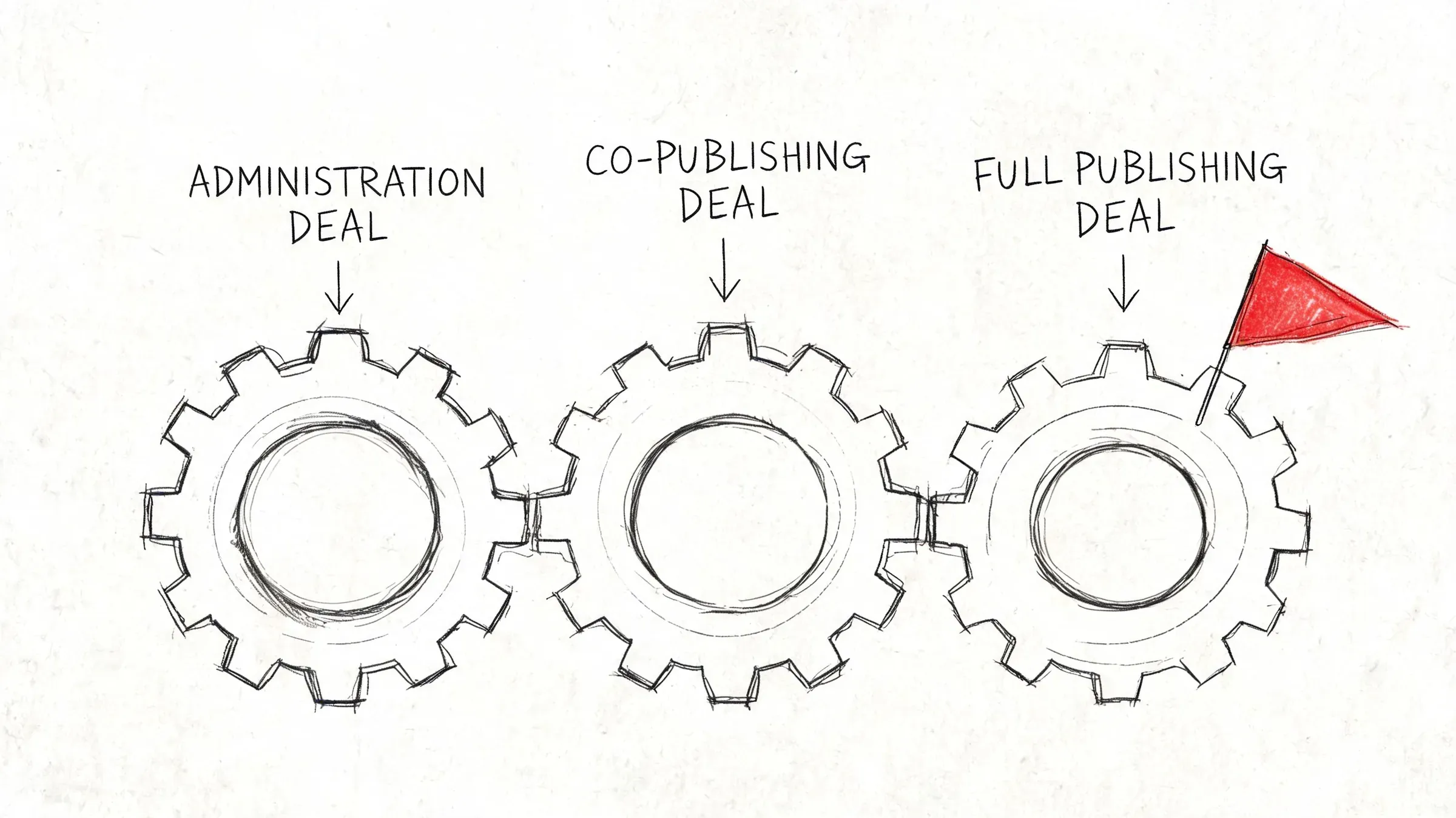 A diagram with three interconnected gears representing administration, co-publishing, and full publishing deals in music industry.