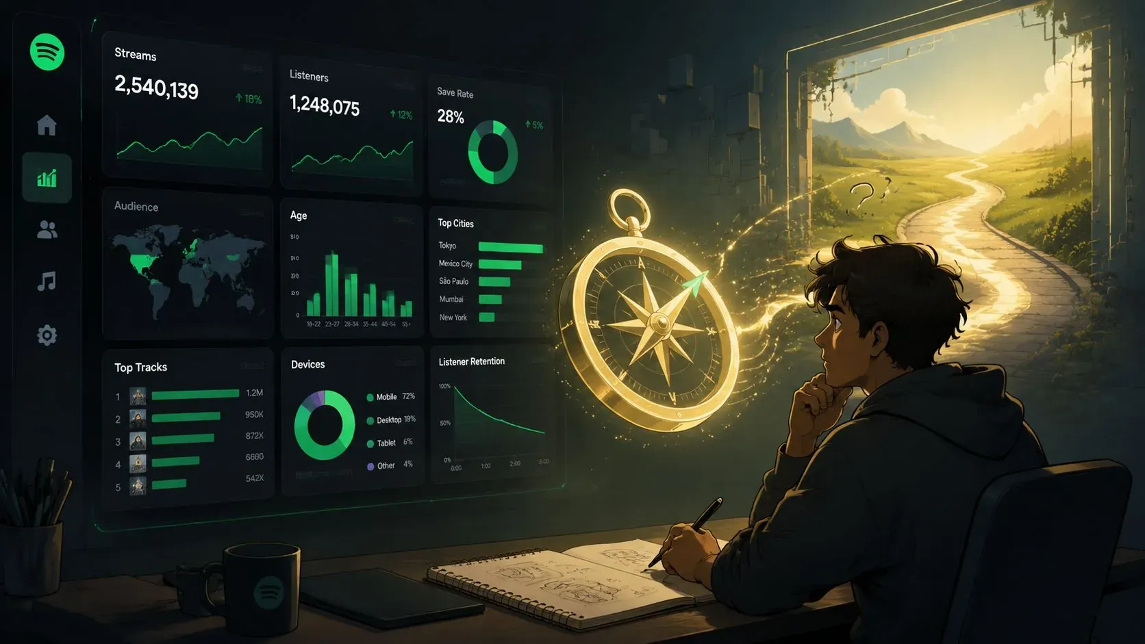 An artist studies a Spotify-style analytics dashboard beside a glowing compass, illustrating data-guided music strategy