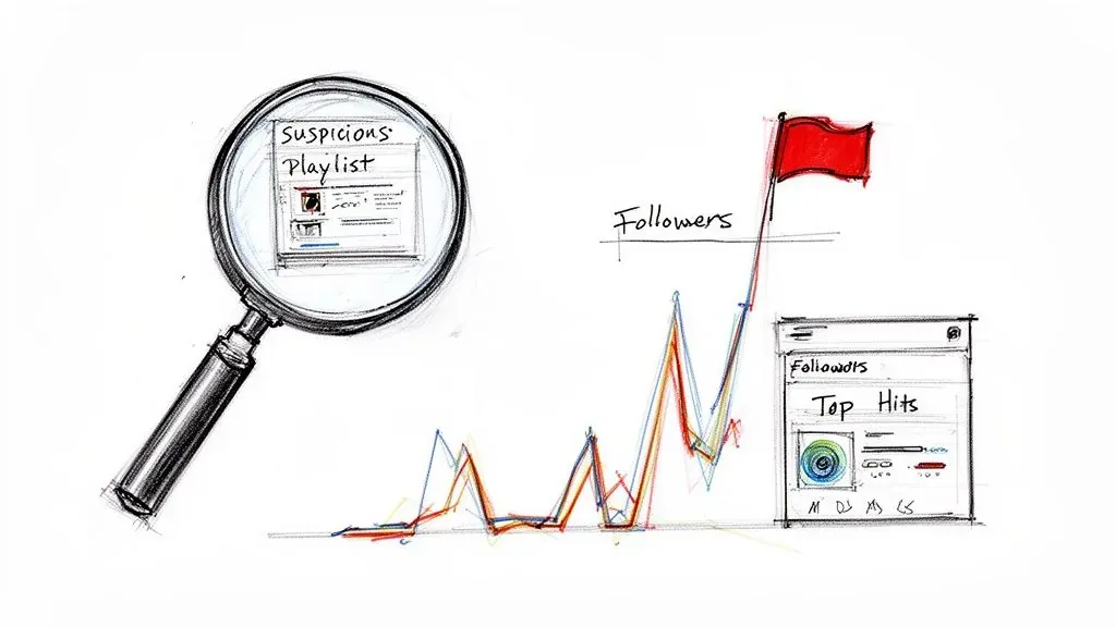 A drawing of a magnifying glass on a 'Suspicious Playlist' and a graph showing follower spikes with a red flag.
