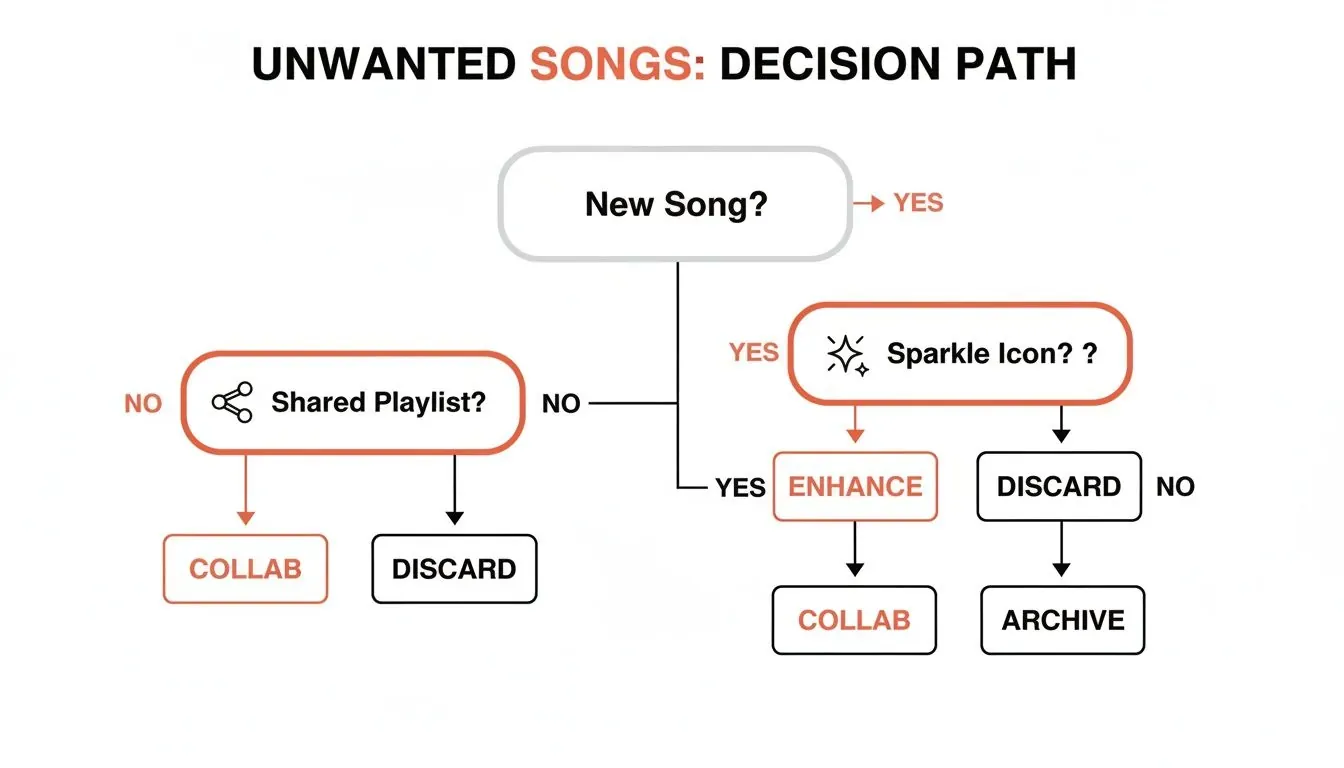 A flowchart detailing the decision path for unwanted songs, showing options like collab, discard, enhance, and archive.