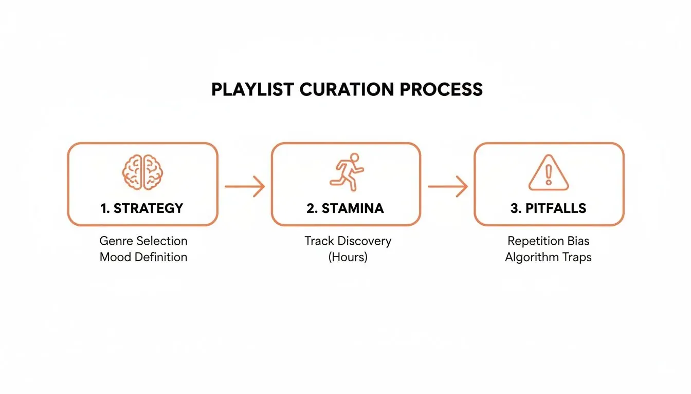A flowchart outlining the playlist curation process with steps like strategy, track discovery, and potential pitfalls.