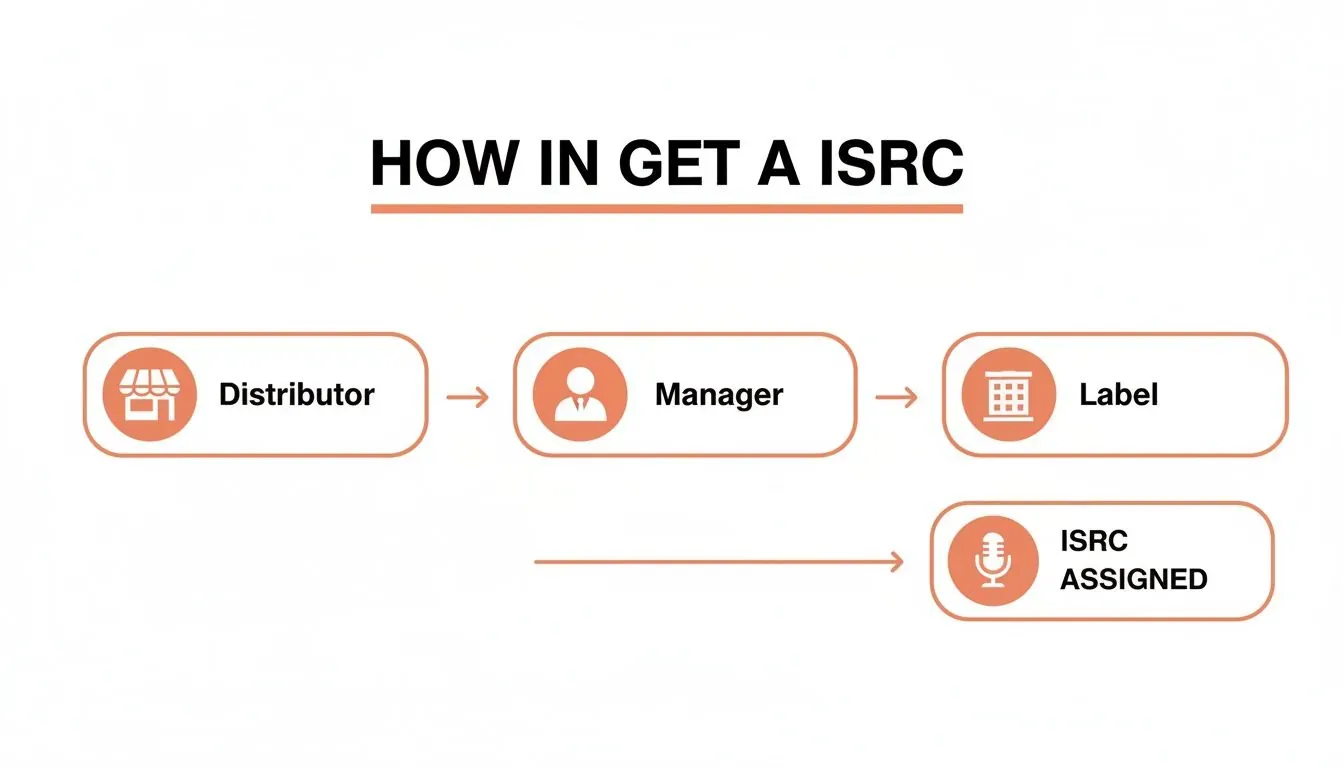 ISRC assignment flowchart linking distributor, manager, label, and an “ISRC Assigned” box.