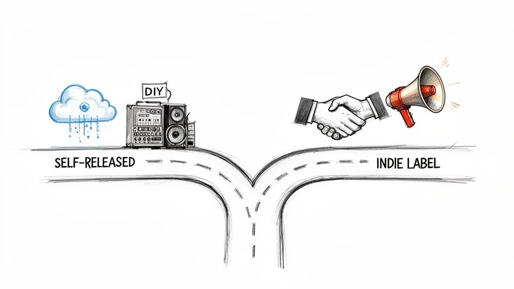 A fork in the road illustrates two music career paths: self-released with DIY tools versus an indie label with promotion.