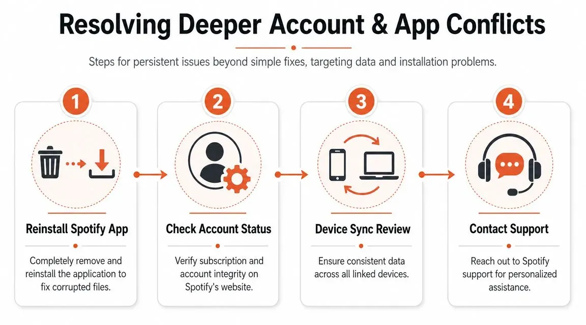 A four-step infographic guide for resolving persistent Spotify account and application synchronization and installation issues.