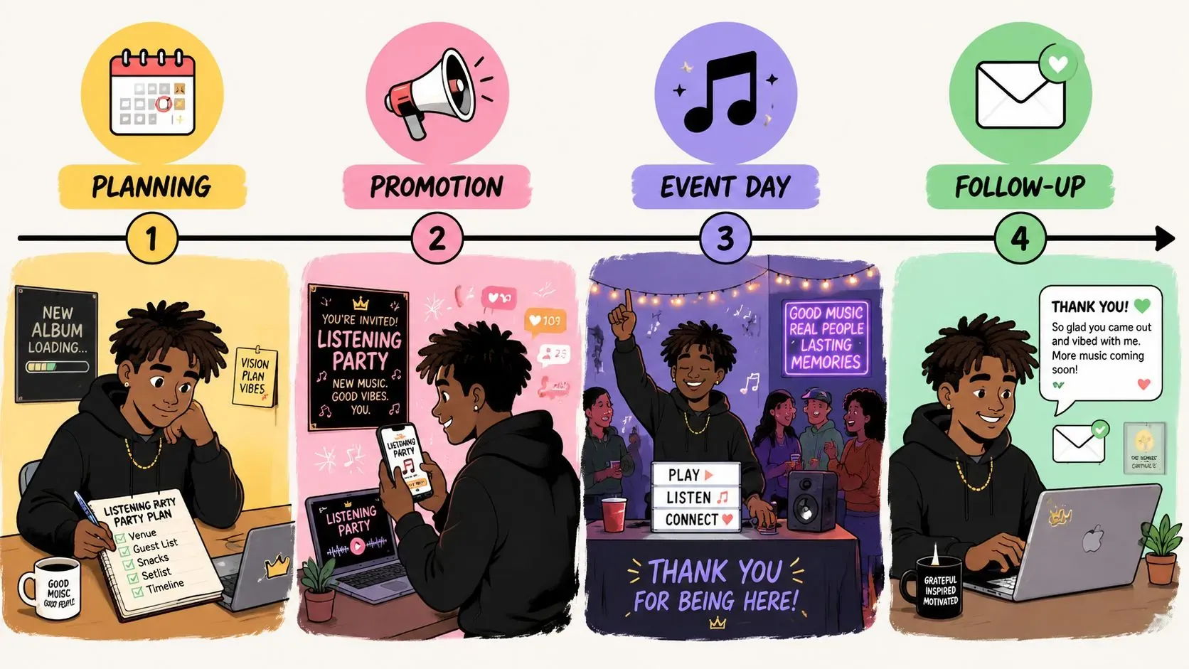 A four-step infographic illustrating the planning, promotion, event, and follow-up stages of hosting a music listening party.