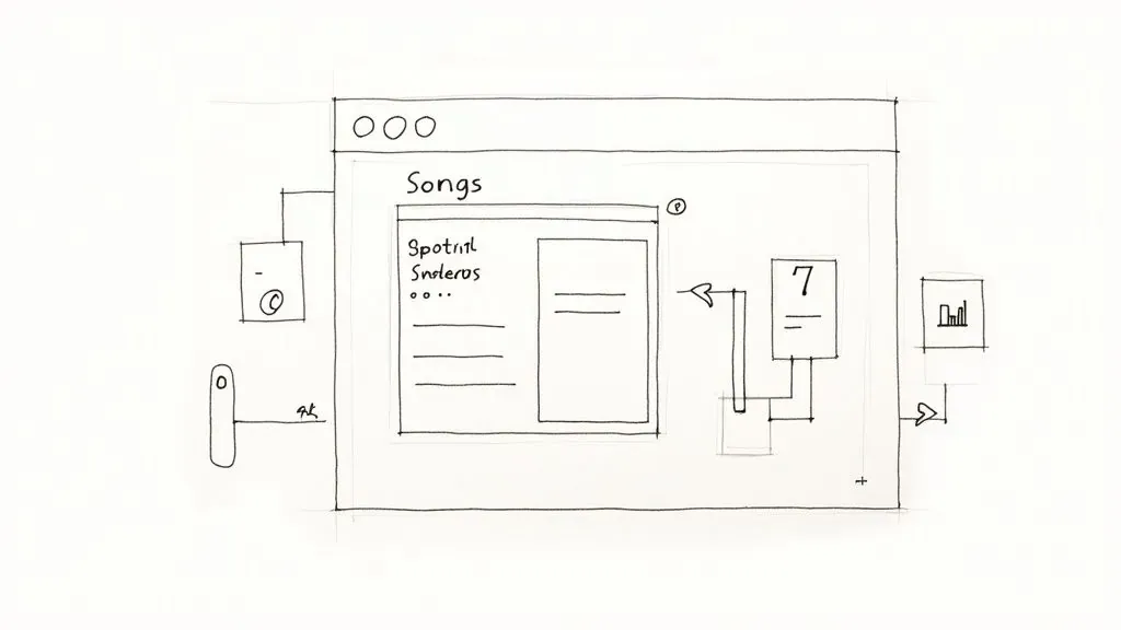A hand-drawn playlist analysis interface with a song list, report cards, and a small chart.