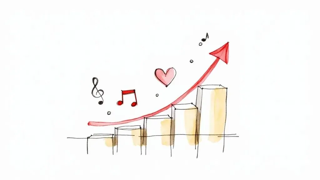 Rising bars and a red upward arrow illustrate growth when evaluating playlist quality.