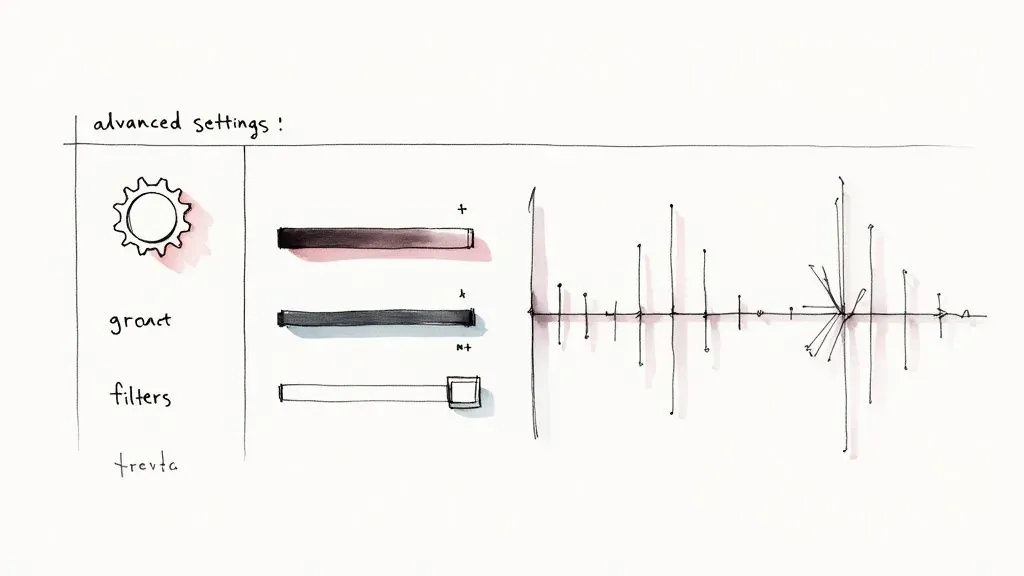 A sketched advanced settings panel with sliders and a trend chart illustrates deeper playlist analysis.