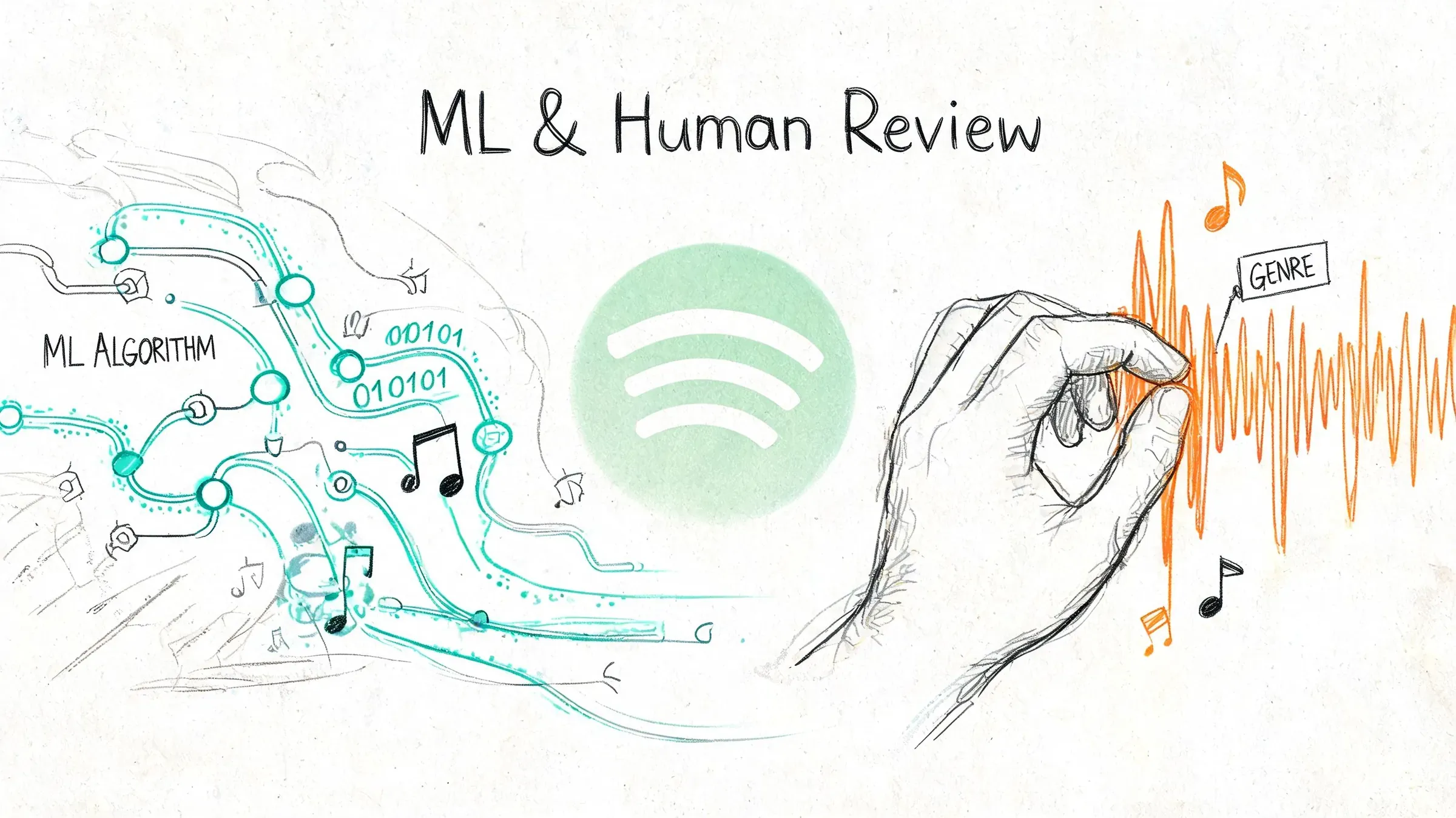 A hand adjusts a music sound wave labeled genre, representing the synergy between machine learning and human curation.