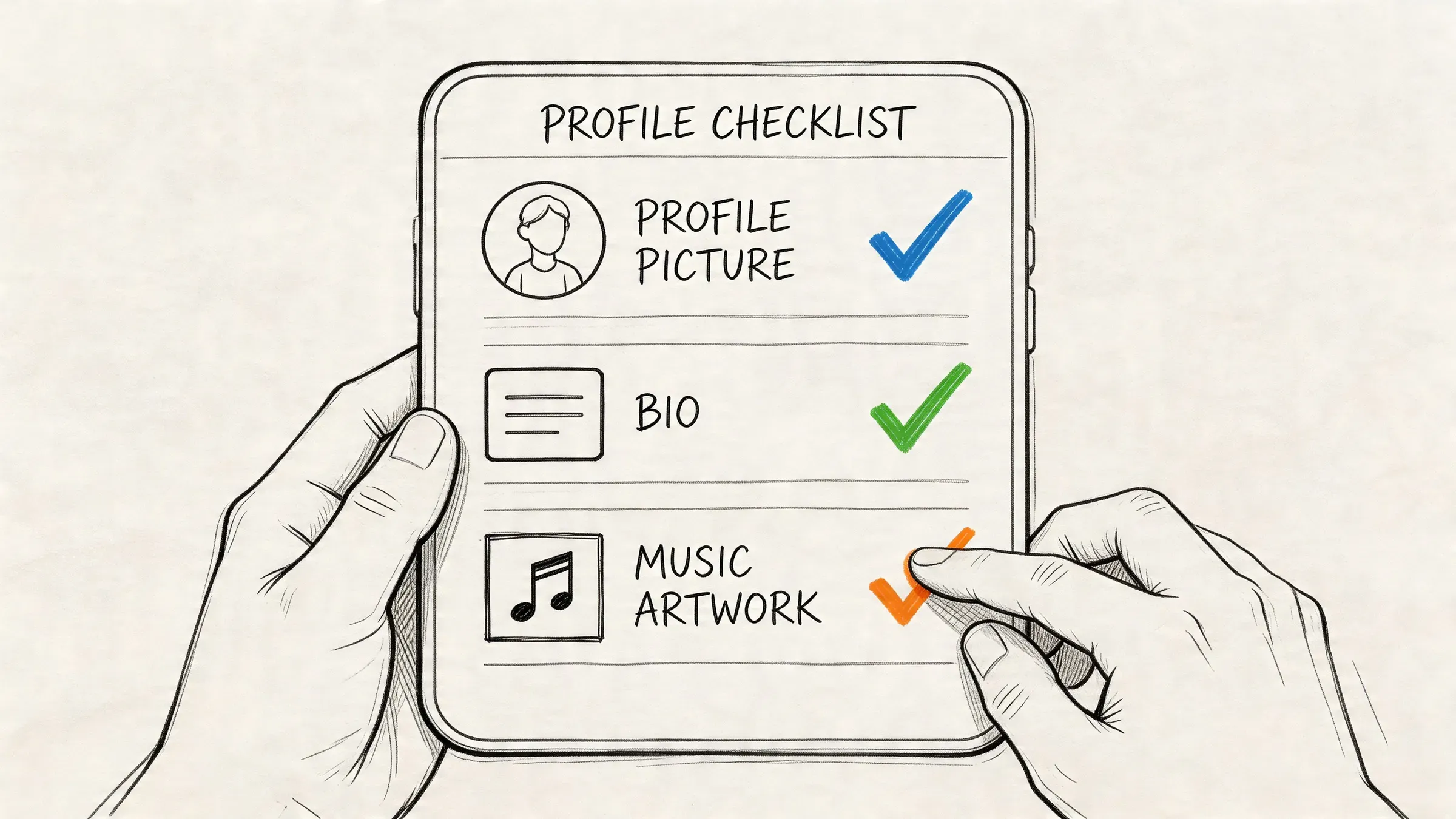A hand checking the music artwork box on a digital profile checklist displayed on a tablet screen.