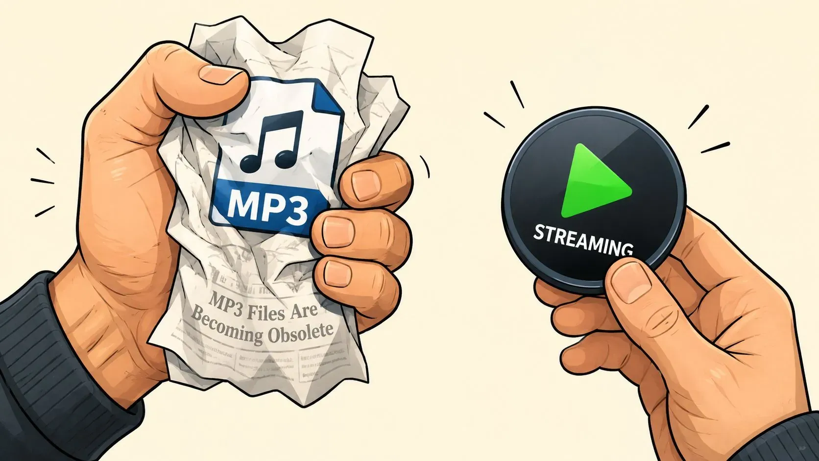 A hand crumpling an MP3 file paper while another hand holds a modern streaming play button icon.