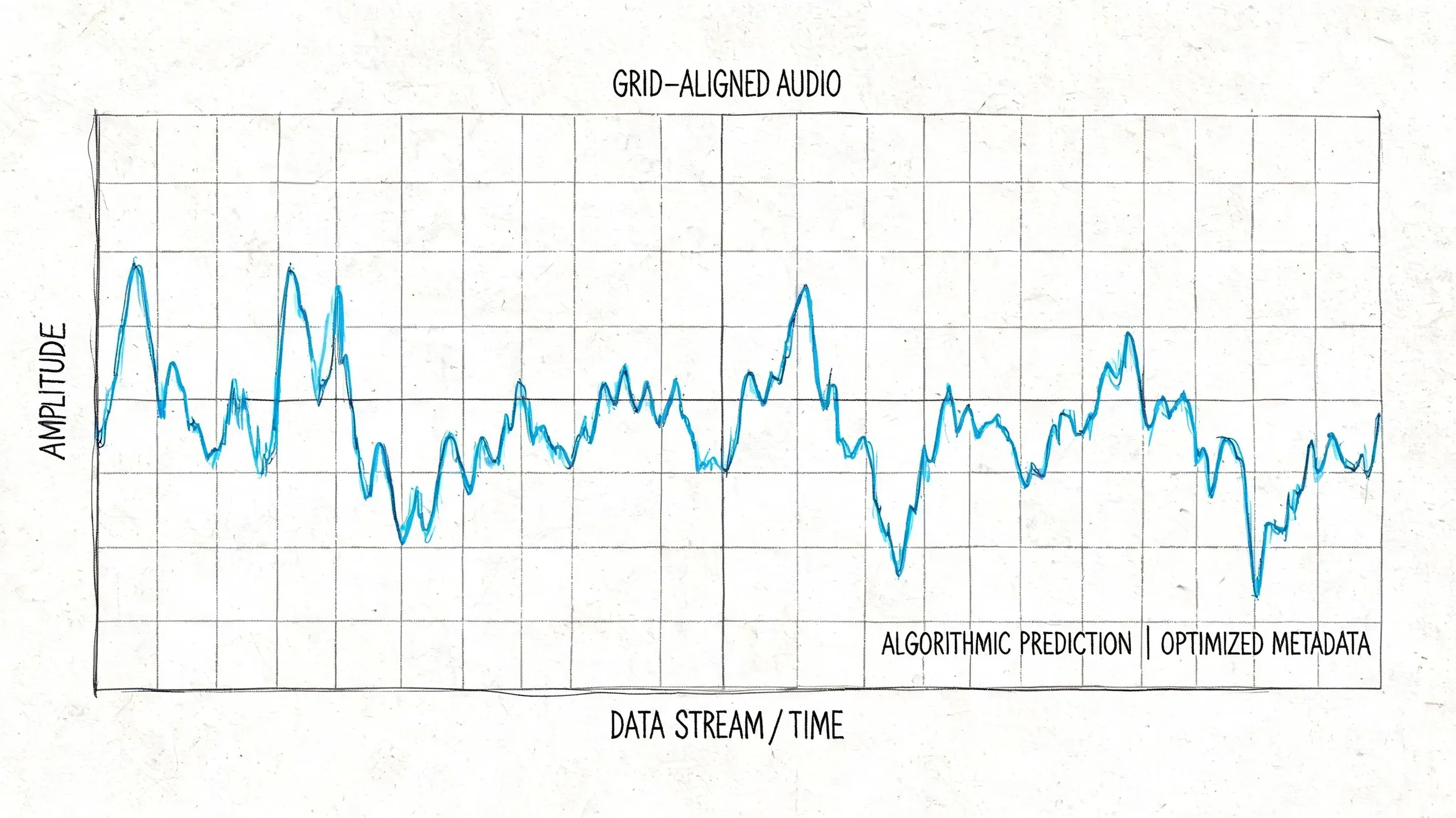A single audio waveform plotted against time under the heading Grid-Aligned Audio, with algorithmic prediction and metadata labels