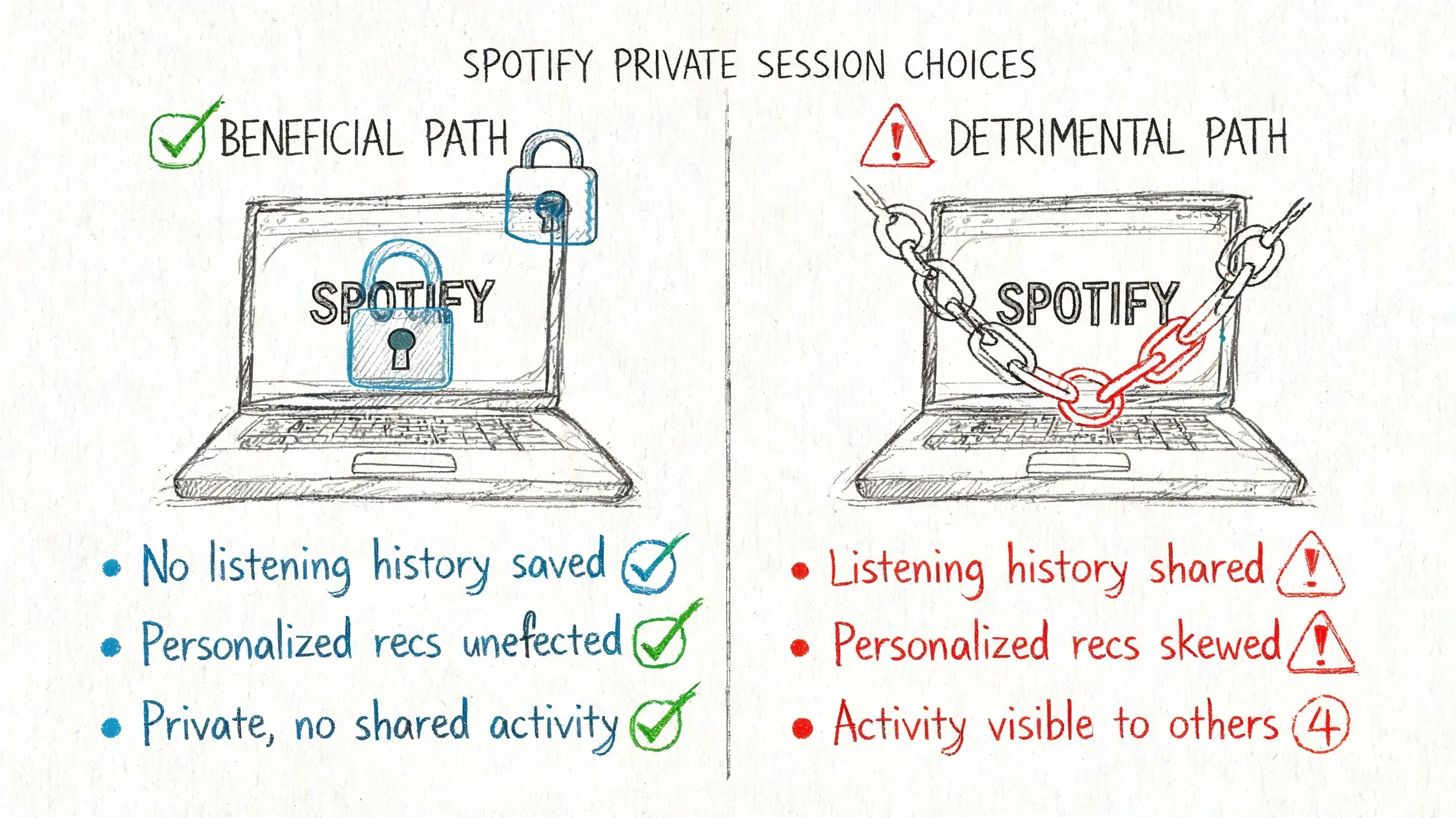A hand-drawn comparison showing the benefits of a Spotify private session versus the detriments of sharing data.