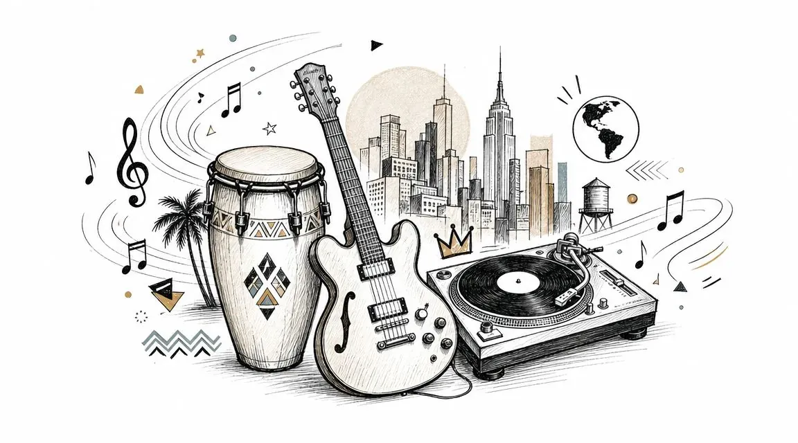 A hand-drawn illustration depicting musical elements like a conga drum, guitar, turntable, and city skyline.