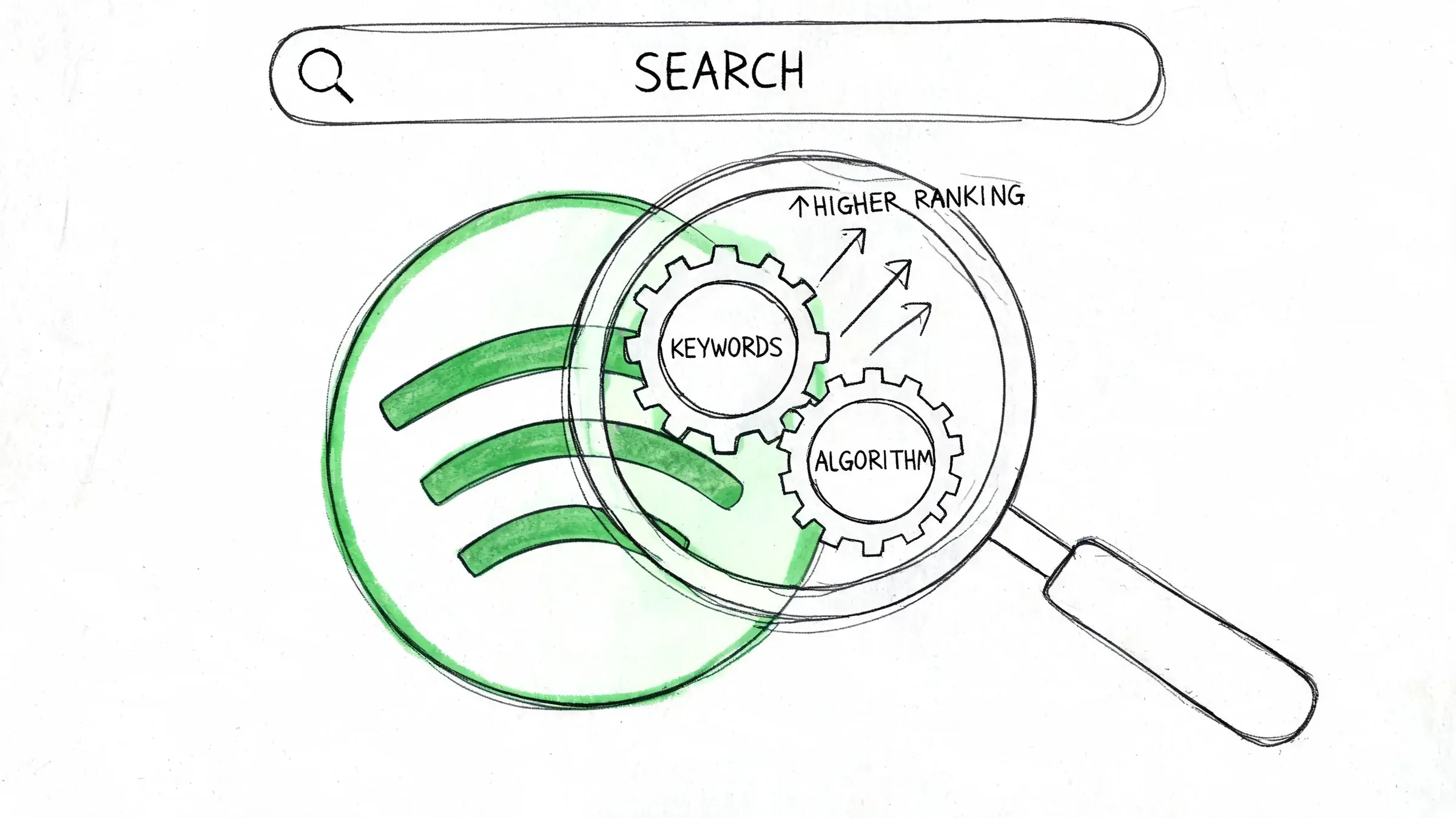 A hand-drawn illustration showing a magnifying glass over the Spotify logo, with keywords and algorithm gears.
