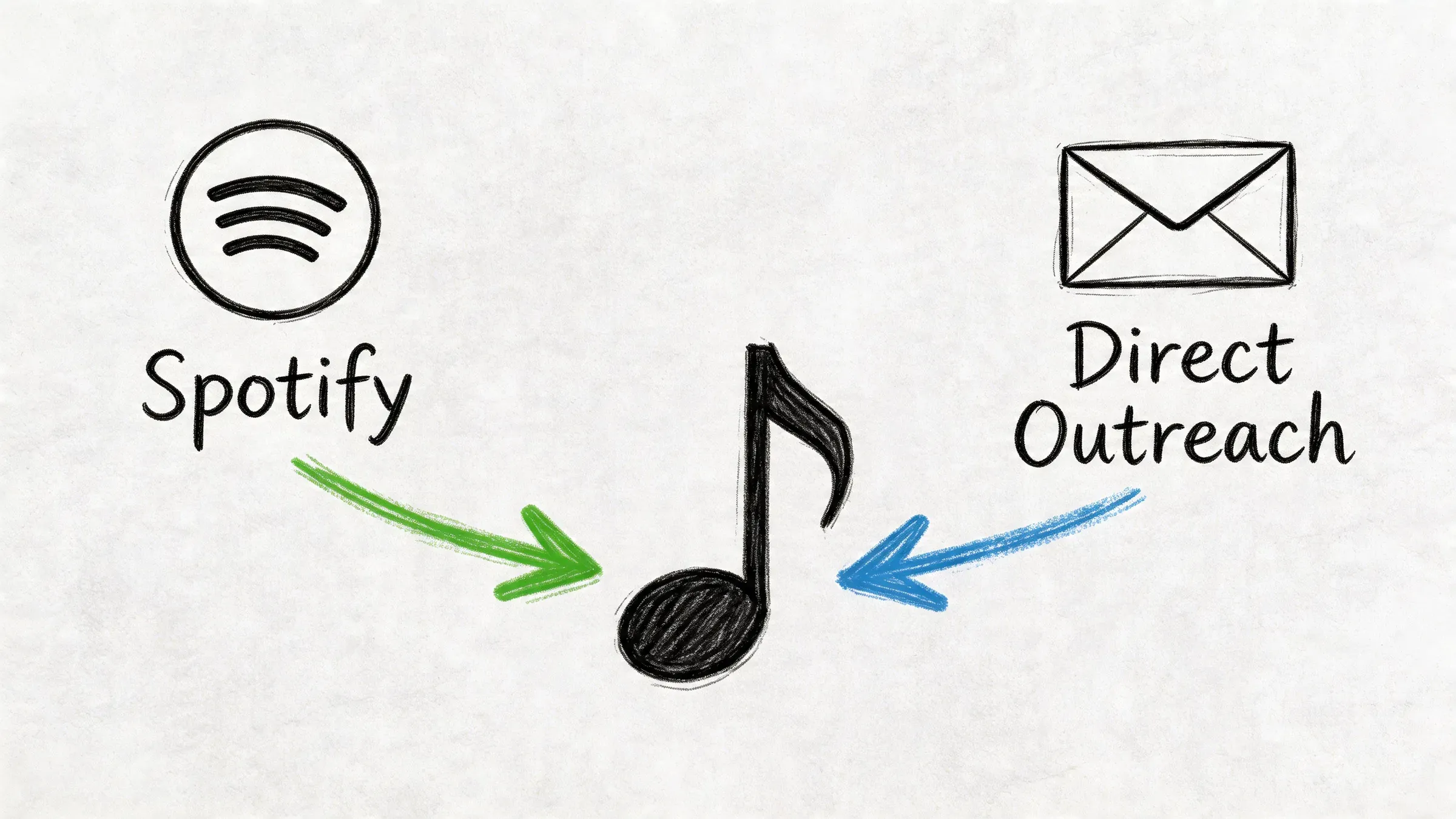 A hand-drawn illustration showing Spotify and Direct Outreach pointing towards a central musical note symbol.