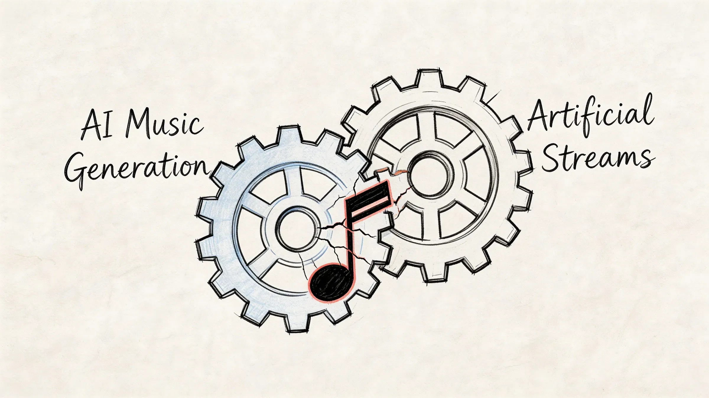 Interlocking gears labeled AI Music Generation and Artificial Streams illustrate the connection discussed in the article.