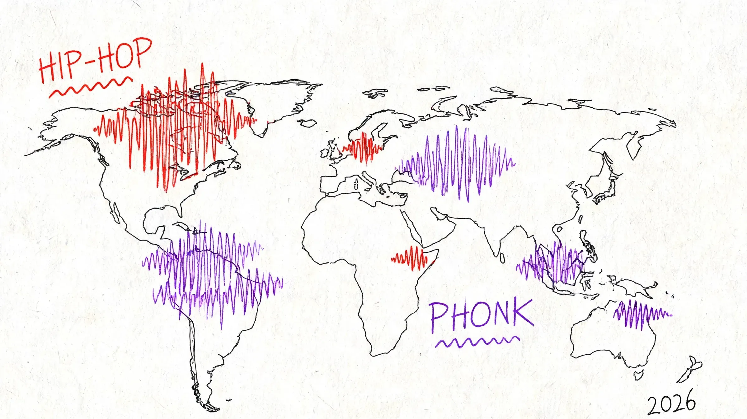 A hand-drawn map of the world displaying the geographic popularity of hip-hop and phonk musical genres.