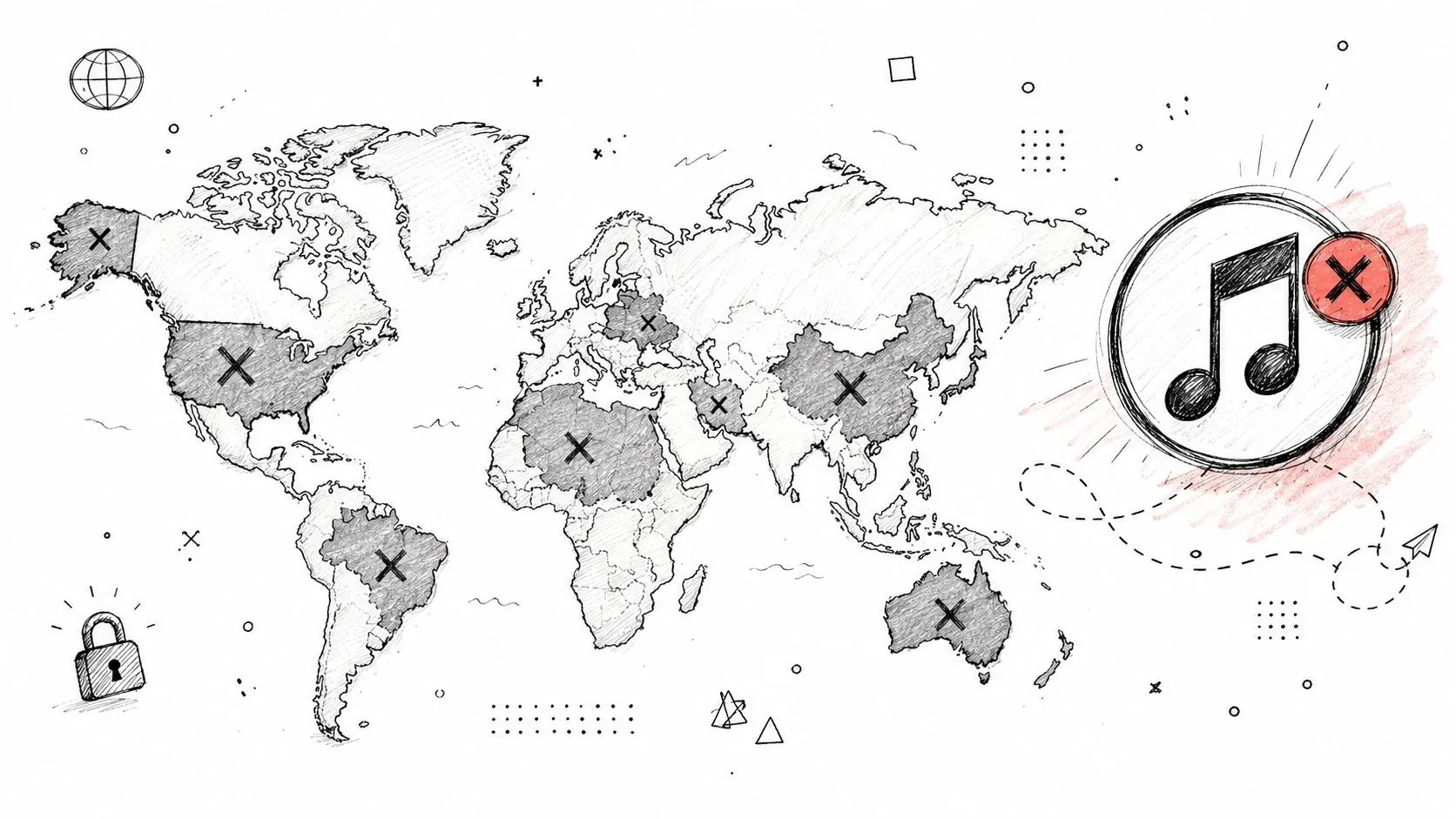 A hand-drawn map of the world with marked countries and a crossed-out music note icon.