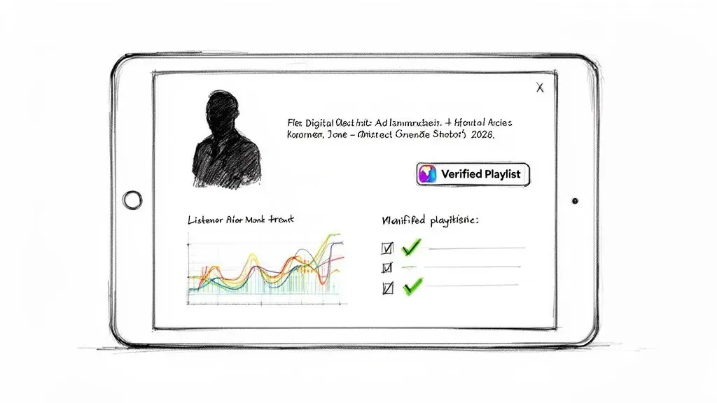 A hand-drawn sketch of a tablet displaying a music platform interface with a user profile and a 'Verified Playlist' button.