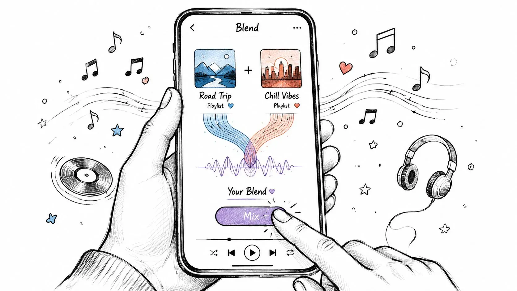 A hand holding a smartphone showing a playlist blending interface with music notes and headphone illustrations.