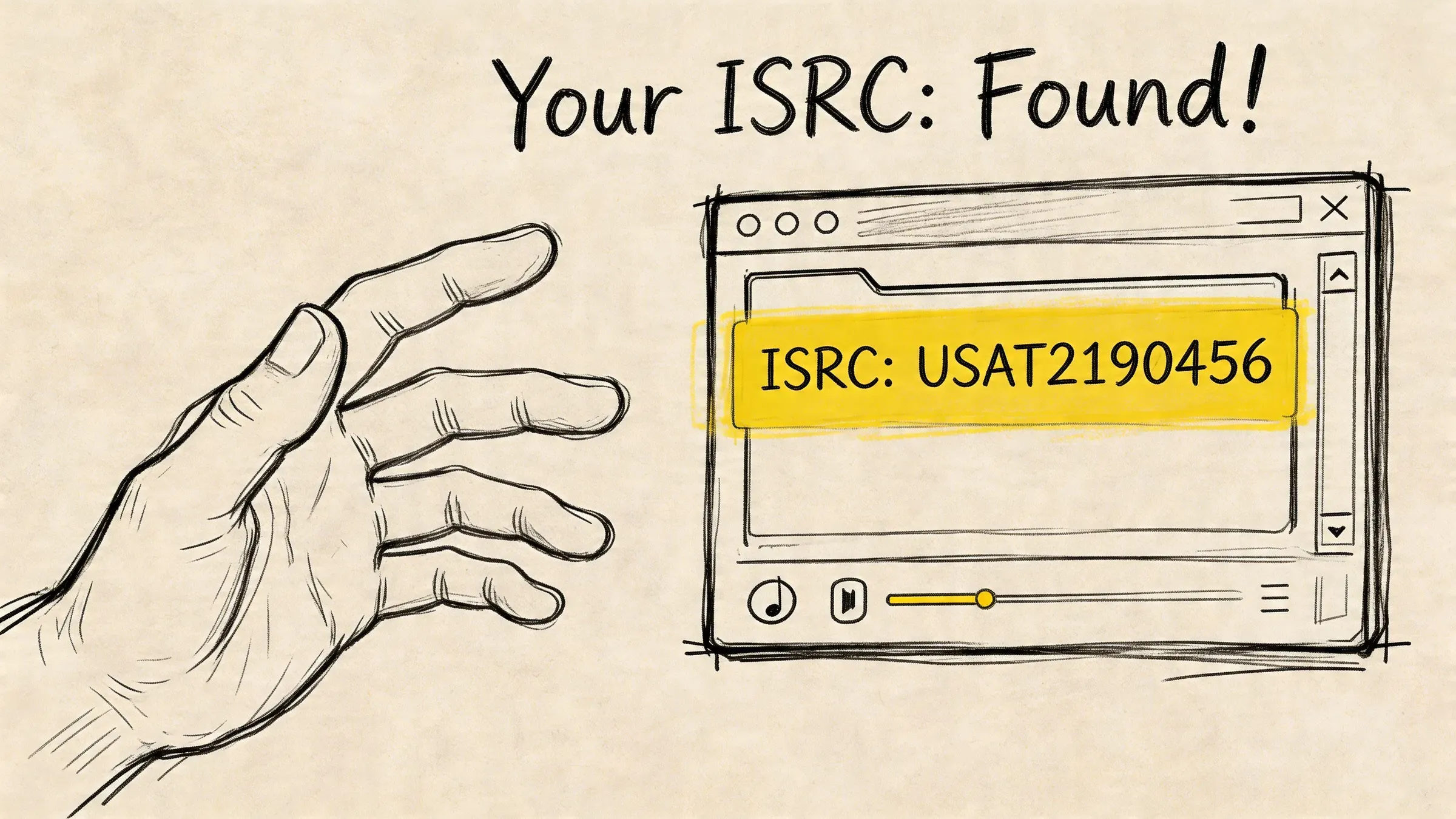 A hand reaching towards a sketch of a computer window displaying the ISRC code USAT2190456.