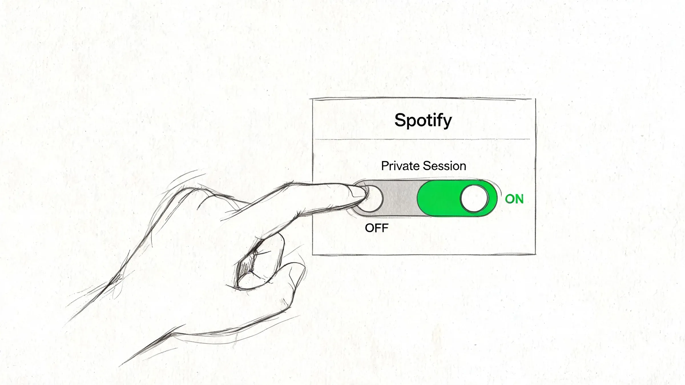 A hand sketch of a finger turning on the Private Session toggle switch within the Spotify interface.
