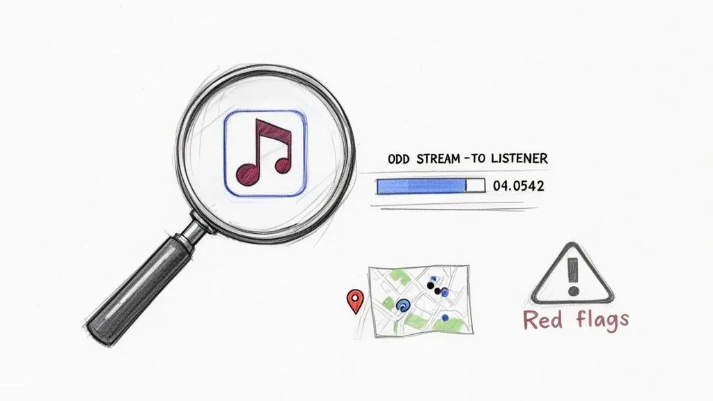 Magnifying glass inspecting a music icon beside stream-to-listener metrics, a map, and red flag warnings.