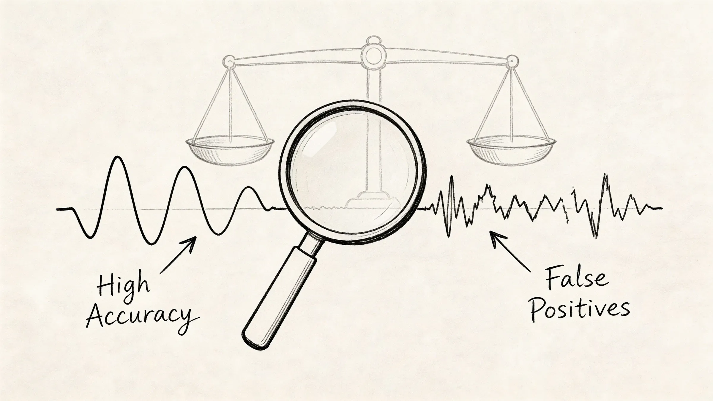 A magnifying glass inspecting sound waves on a balance scale, illustrating the difference between high accuracy and false positives.