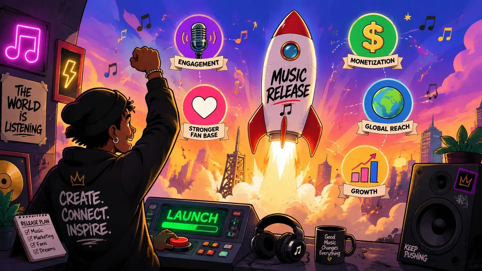 A music artist launching a song with a rocket, representing music growth, monetization, and global audience engagement.