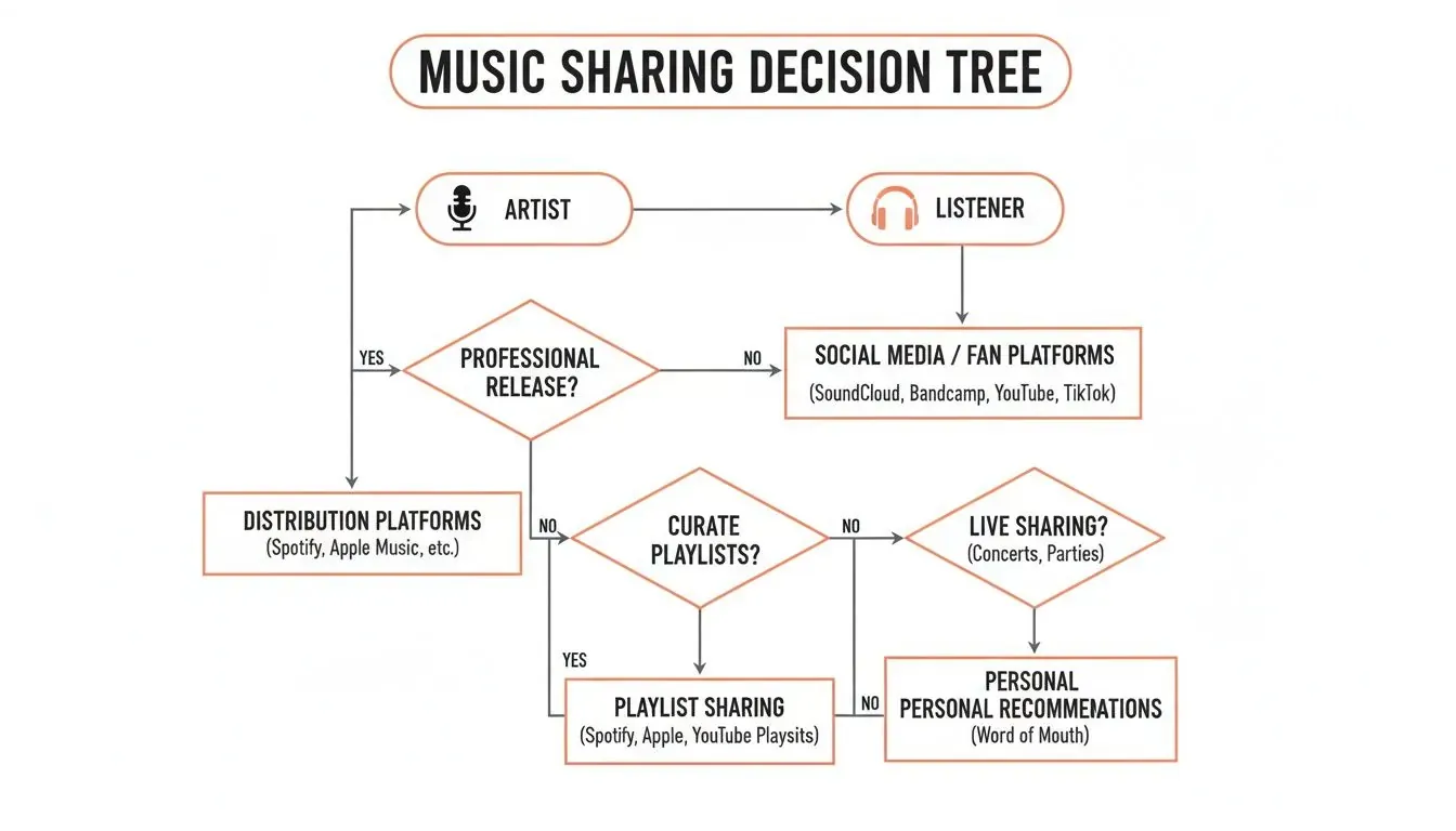 A music sharing decision tree flowchart outlining various methods for artists and listeners to distribute and discover music.