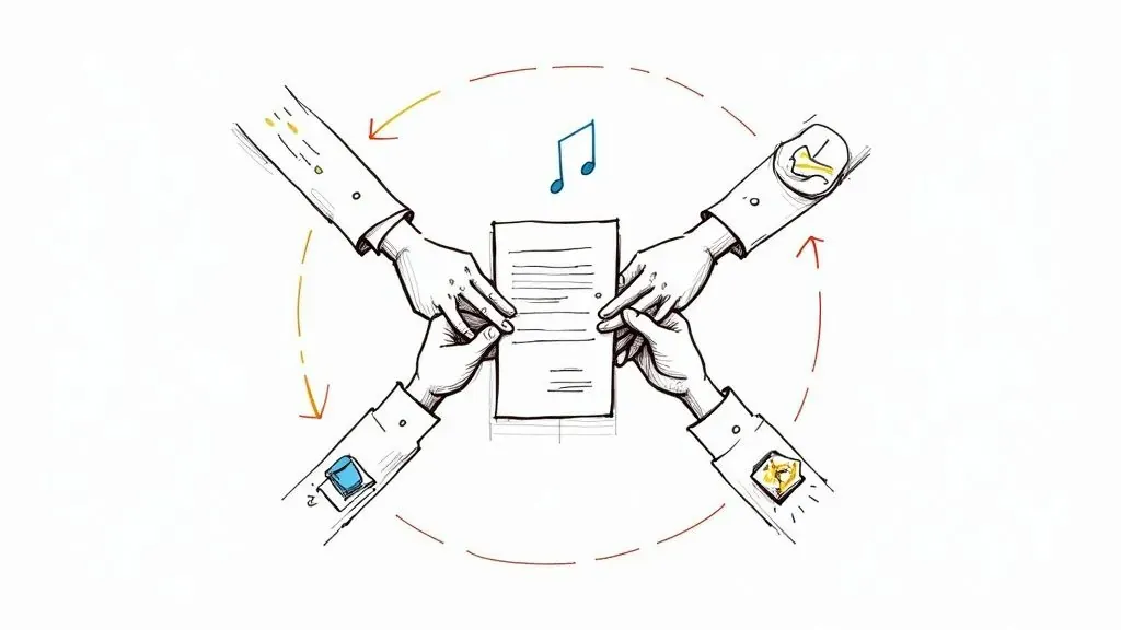 Several hands holding a contract surrounded by arrows and a musical note, illustrating music deal negotiations.